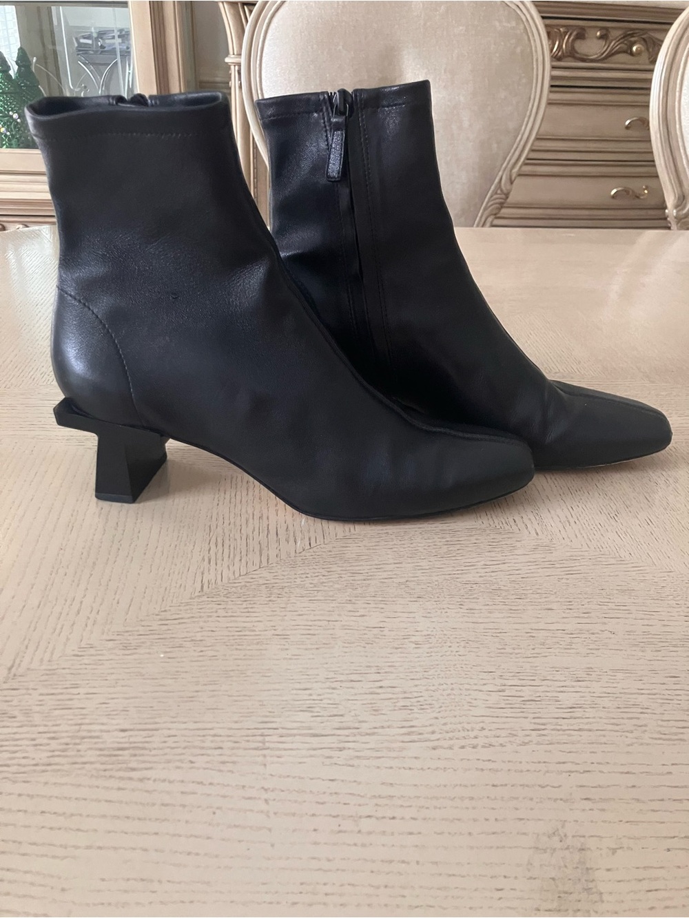 Tory Burch Black Leather Ankle Boots with Sculpted Block Heel